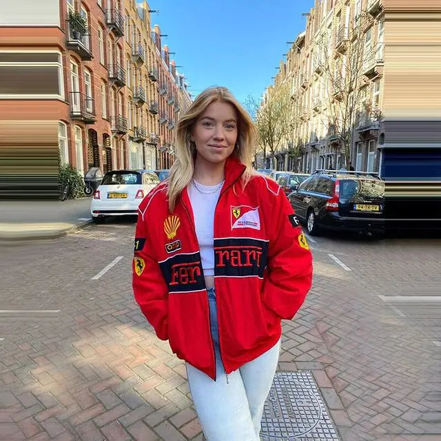 Step into Style with Our Embroidered Casual Zipper Long Sleeve Racing Jacket