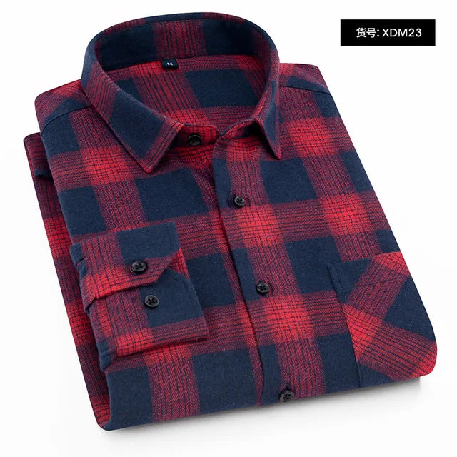 2024 Autumn-Winter Men's Plaid Flannel Shirt: Long Sleeve Red Checkered Cotton
