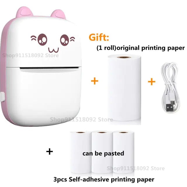 Cat Shape Mini Printer - Pocket-Sized Thermal Inkless Black and White Printer with Bluetooth Connectivity
