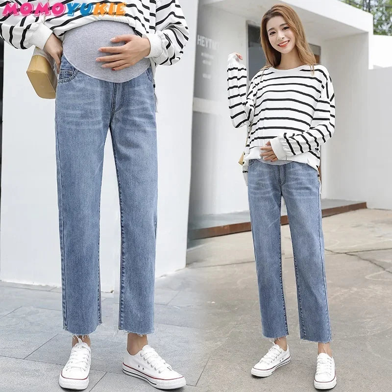 Vintage Washed Denim Maternity Jeans - Elastic Waist Pants for Pregnant Women