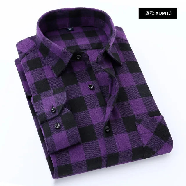 2024 Autumn-Winter Men's Plaid Flannel Shirt: Long Sleeve Red Checkered Cotton