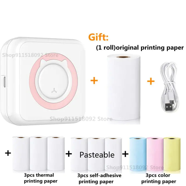 Cat Shape Mini Printer - Pocket-Sized Thermal Inkless Black and White Printer with Bluetooth Connectivity