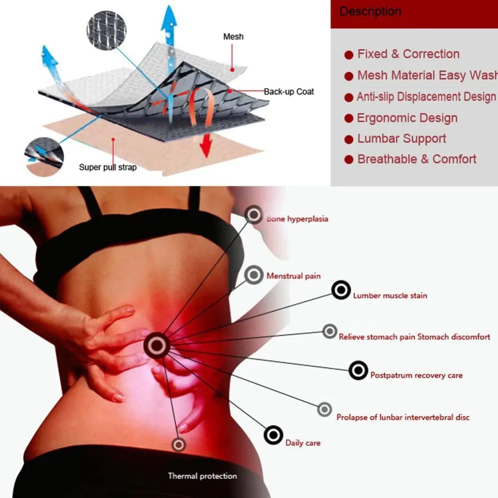 Magnetic Therapy Back Waist Support Belt - Self-Heating Massage Band for Enhanced Lumbar Support