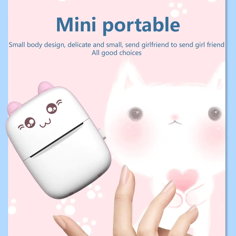 Cat Shape Mini Printer - Pocket-Sized Thermal Inkless Black and White Printer with Bluetooth Connectivity