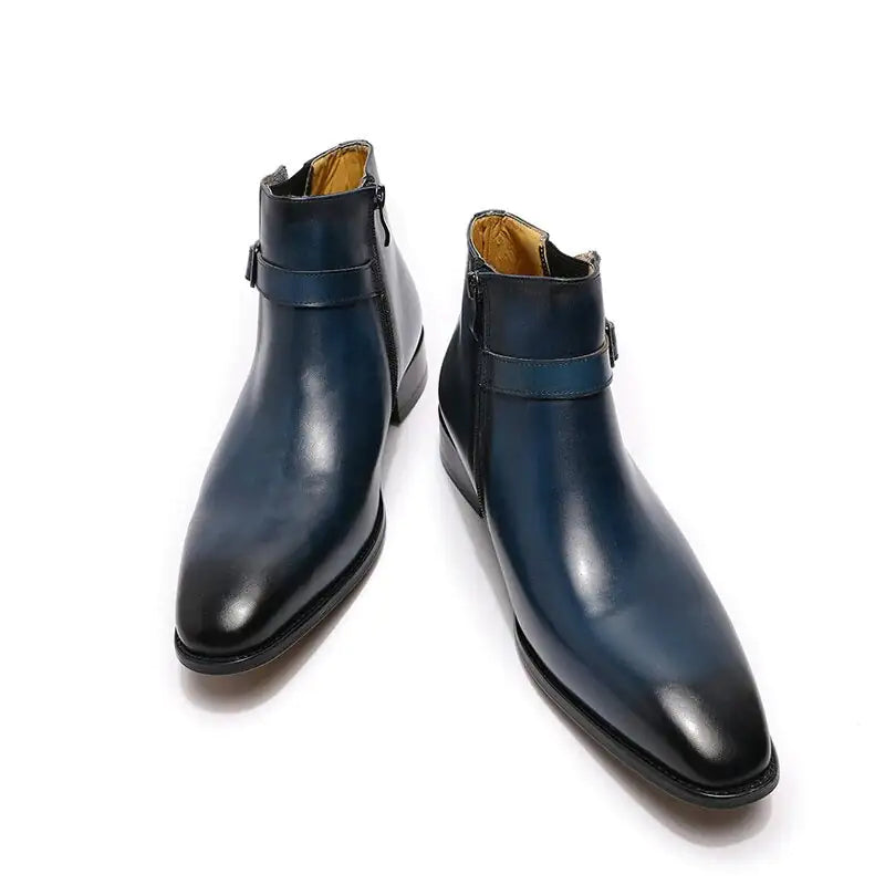 Men's Italian Leather Dress Boots with Zipper and Buckle Detail