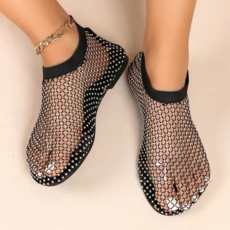 Summer 2024 Women's Flat Sandals - Mesh Hollow Design with Water Diamonds, Fashion Banquet Slippers