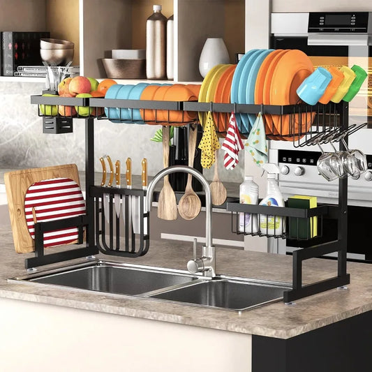 Adjustable Large 2-Tier Over-Sink Dish Drying Rack, Stainless Steel - Fits Sinks Up to 37 Inches
