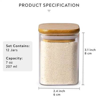 12 Pcs Glass Food Storage Containers Set - Square or Round Seasoning Jars with Bamboo Lids and Printed Labels for Kitchen Organization