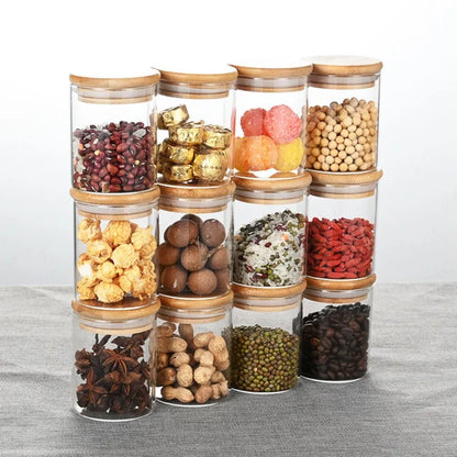 12 Pcs Glass Food Storage Containers Set - Square or Round Seasoning Jars with Bamboo Lids and Printed Labels for Kitchen Organization