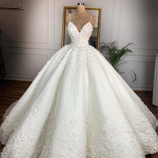 Romantic Radiance:  Deep V-Neck Lace Wedding Dress for 2024 Brides