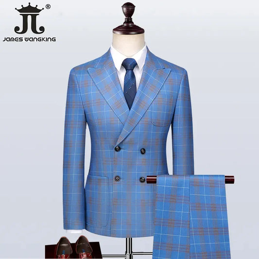 Men's Luxury Slim Formal Business Suit, S-5XL Blue Plaid 3-Piece Set with Blazer, Vest, and Pants for Wedding and Party