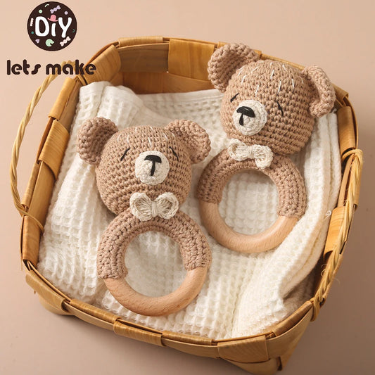1Pc Crochet Animal Bear Rattle Toy with Wooden Teether Ring - Soother Bracelet, Crib Mobile for Newborns, Ideal Baby Gift