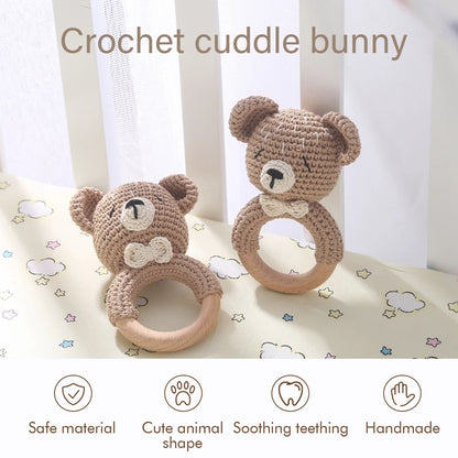 1Pc Crochet Animal Bear Rattle Toy with Wooden Teether Ring - Soother Bracelet, Crib Mobile for Newborns, Ideal Baby Gift