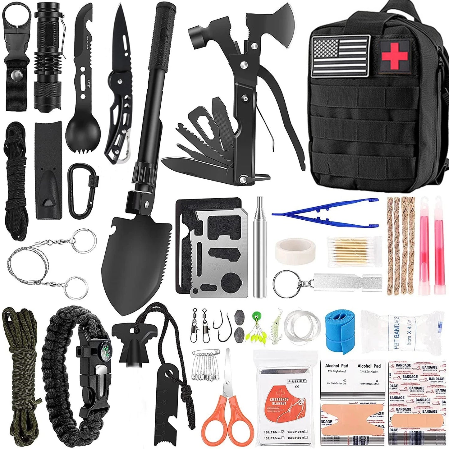 142 Pcs Professional Emergency Survival Kit and First Aid Kit with Molle Pouch - Comprehensive Gear and Equipment for Camping, Hiking, and Hunting