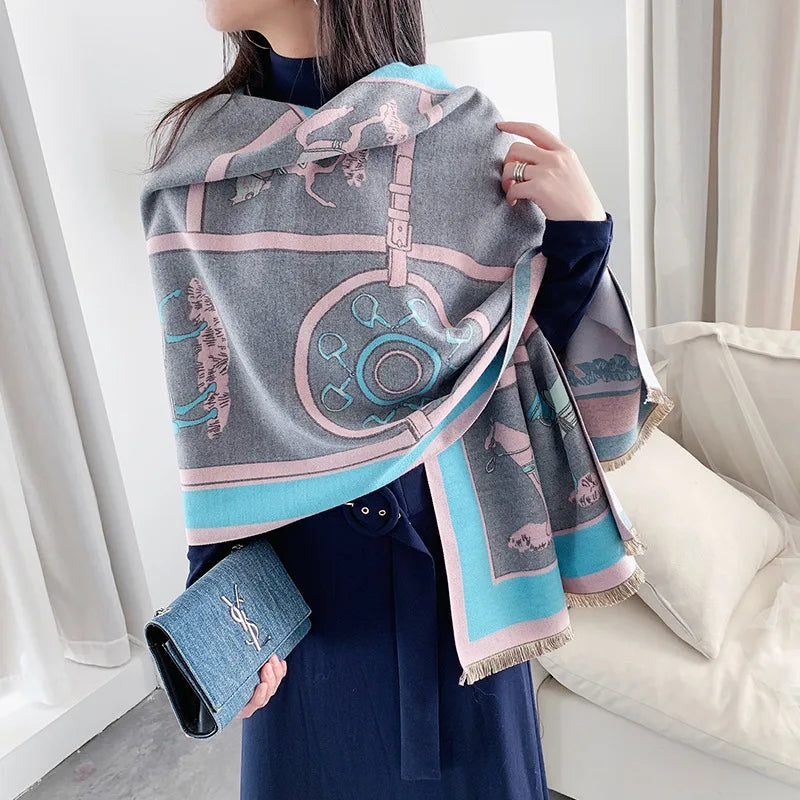 Luxury Pashmina Shawl for Ladies - Designer Print Cashmere Wraps, Warm Winter Scarves with Chain Detail