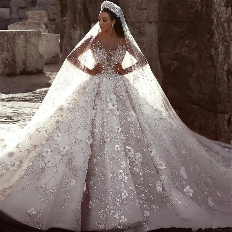 Luxury Ball Gown Wedding Dress - Long Sleeves, Crystal Beaded 3D Flowers Lace, Plus Size Saudi Arabic Dubai Bridal Gown