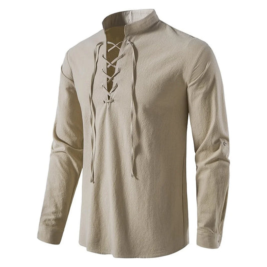 Men's Casual Cotton Linen Shirt Tops, Long Sleeve Tee Shirt for Spring Autumn, Slanted Placket Vintage Yoga Shirts