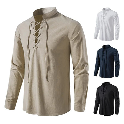 Men's Casual Cotton Linen Shirt Tops, Long Sleeve Tee Shirt for Spring Autumn, Slanted Placket Vintage Yoga Shirts