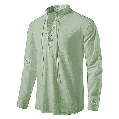 Men's Casual Cotton Linen Shirt Tops, Long Sleeve Tee Shirt for Spring Autumn, Slanted Placket Vintage Yoga Shirts