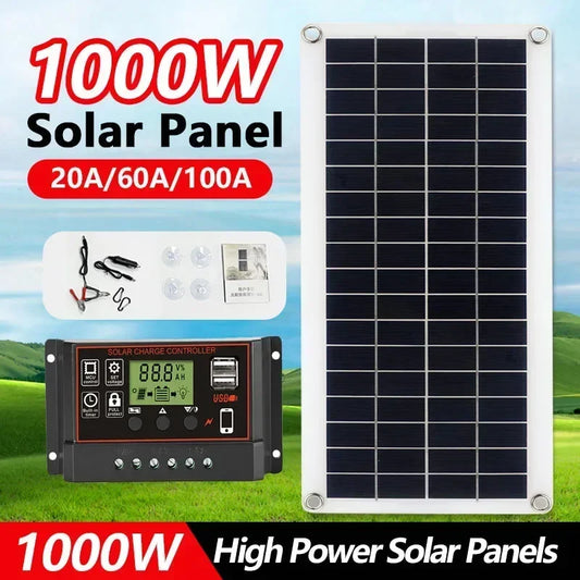 Solar Panel Range 20W-1000W - 12V Solar Cell with 100A Controller, Suitable for Charging Phones, RVs, Cars, MP3, and PADs, Ideal for Outdoor and Camping Battery Supply