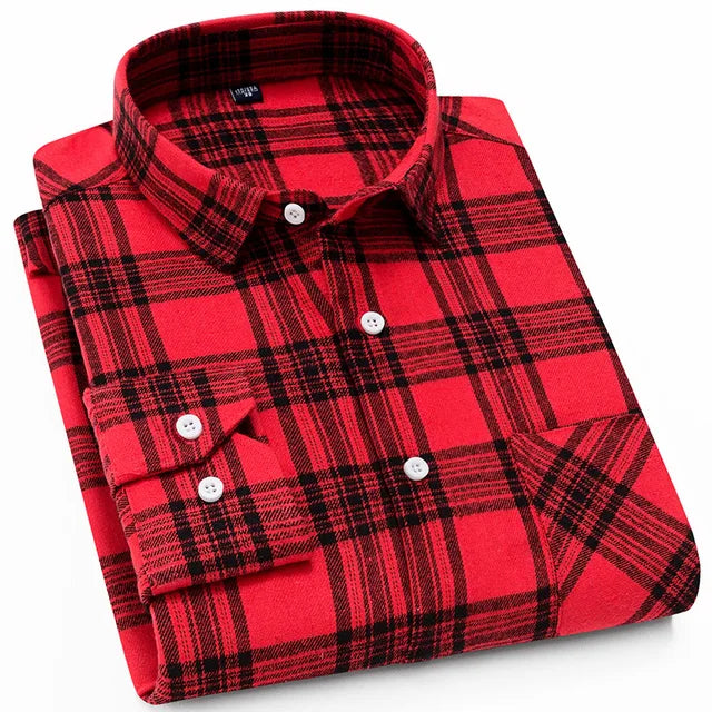 2024 Autumn-Winter Men's Plaid Flannel Shirt: Long Sleeve Red Checkered Cotton