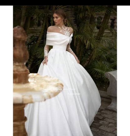 Romantic Allure:  Satin Wedding Dress with Raglan Sleeves & Tutu Skirt