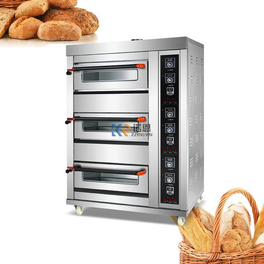 Commercial Stainless Steel Gas Baking Oven - 3 Decks, 3 Trays, Ideal for Bread, Pizza, Cake, and Sweet Potato