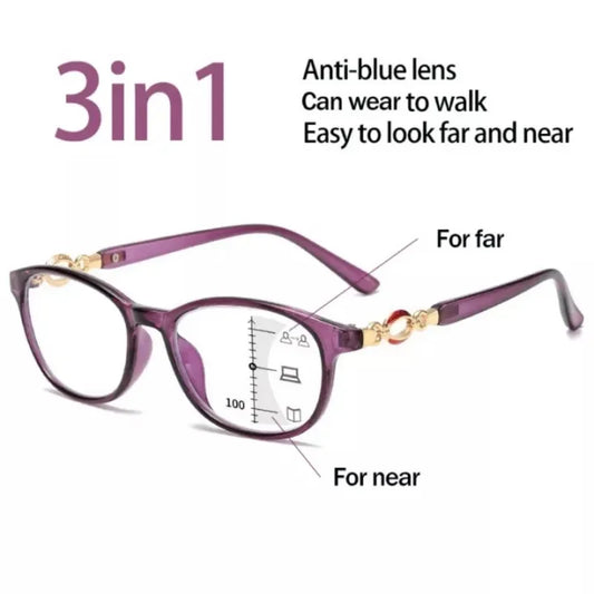 FG New 3-in-1 Progressive Multifocal Reading Glasses for Women - Anti-Blue Light Eyeglasses, Ranging +1.0 to +4.0  Ad Pro