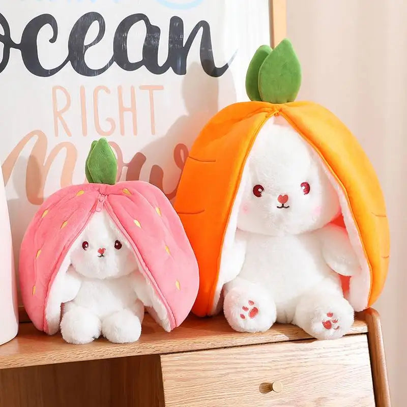 Transformable Strawberry Rabbit Plush Dolls with Carrot Pillow in Various Sizes