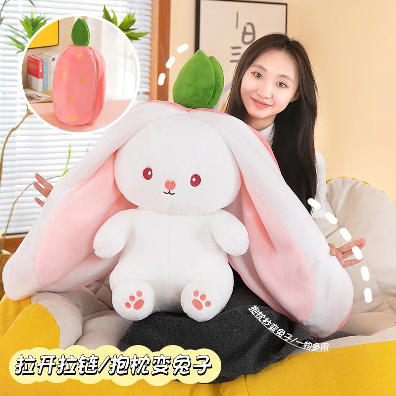 Transformable Strawberry Rabbit Plush Dolls with Carrot Pillow in Various Sizes