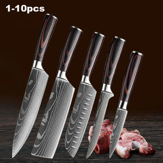 Professional Chef Knife Set - Japanese Nakiri, Cleaver, Slicing, Santoku, and Salmon Sushi Knives Kitchen Kit