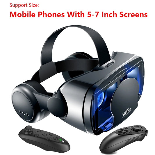 3D VR Smart Glasses Headset with Wide Angle Lens and Controller - Full Screen Virtual Reality Helmet for Smartphones, 7 Inch Display
