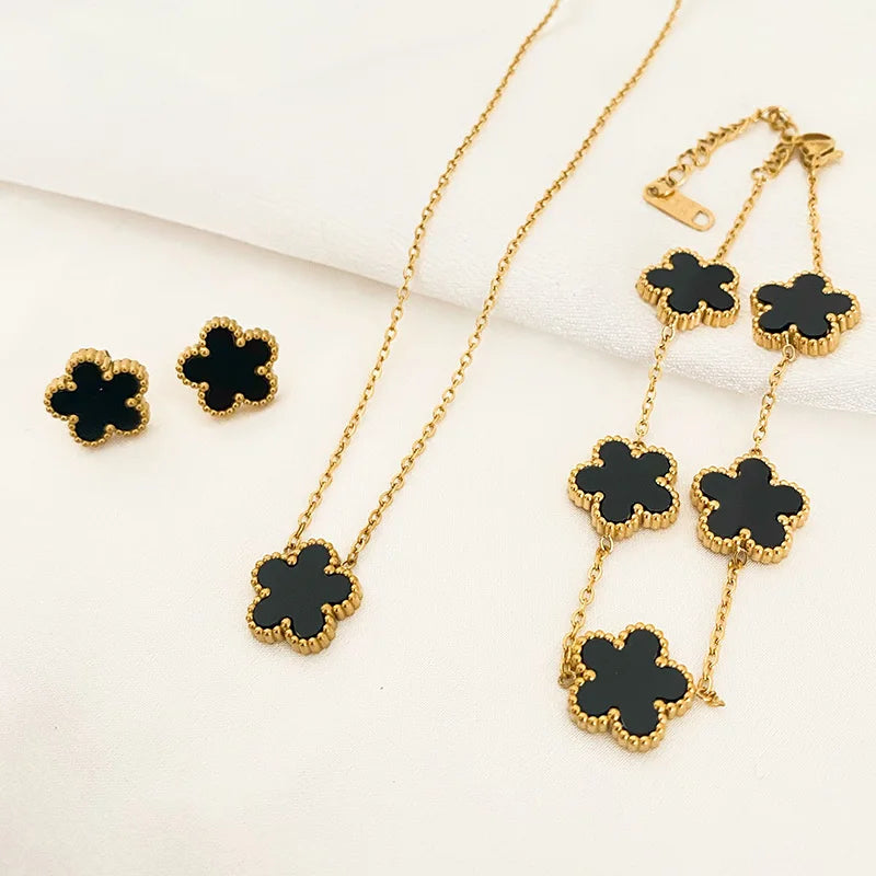 3-Piece Luxury Jewelry Set for Women - Five Leaf Flower Pendant Necklace, Earrings, Bracelet in Trendy Stainless Steel