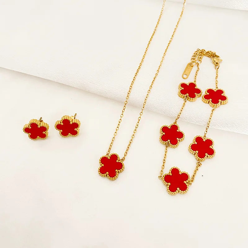 3-Piece Luxury Jewelry Set for Women - Five Leaf Flower Pendant Necklace, Earrings, Bracelet in Trendy Stainless Steel