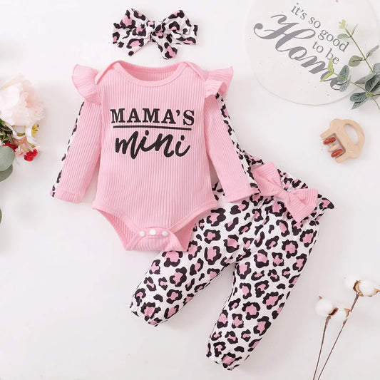 3Pcs Newborn Baby Girl Clothes Set: Ruffled Romper, Bow, and Leopard Pants