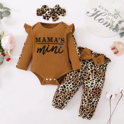 3Pcs Newborn Baby Girl Clothes Set: Ruffled Romper, Bow, and Leopard Pants