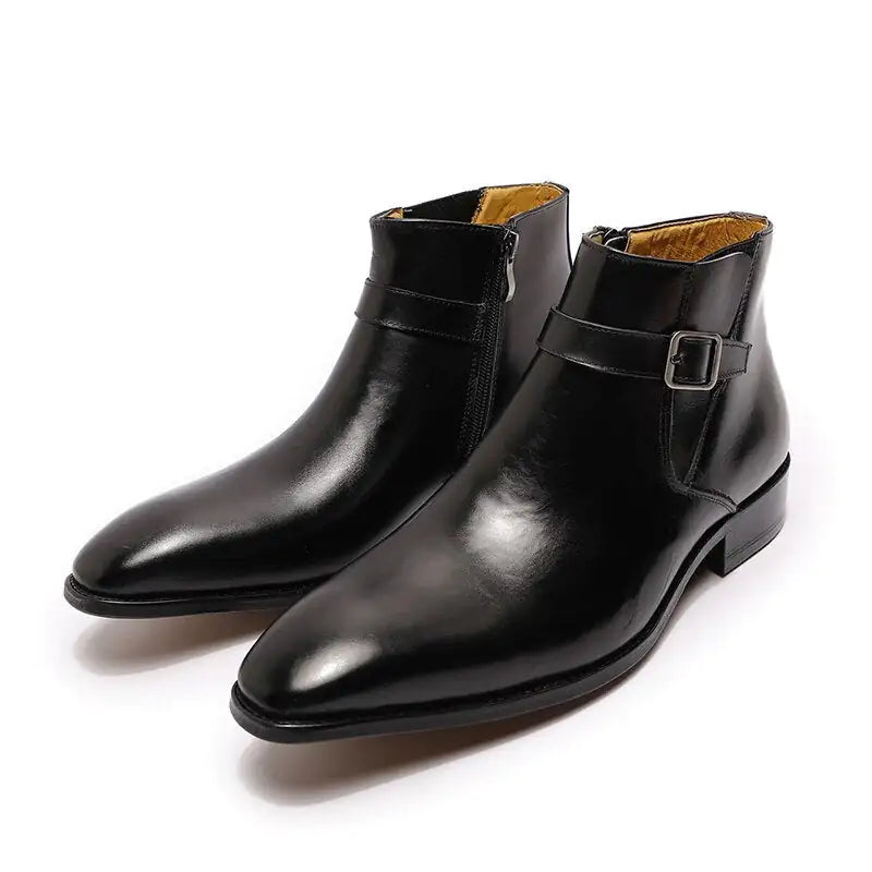 Men's Italian Leather Dress Boots with Zipper and Buckle Detail