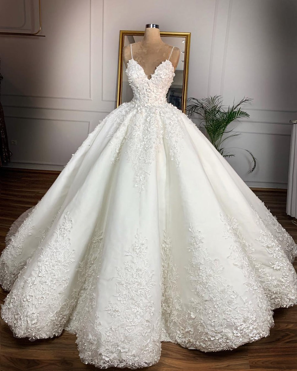 Romantic Radiance:  Deep V-Neck Lace Wedding Dress for 2024 Brides