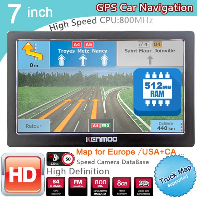 7-Inch HD GPS Navigation - Portable Device with 512M RAM, 2024 Maps for Europe and Russia, Suitable for Cars, Trucks, Camping, and Caravans, Includes Free Lifetime Updates