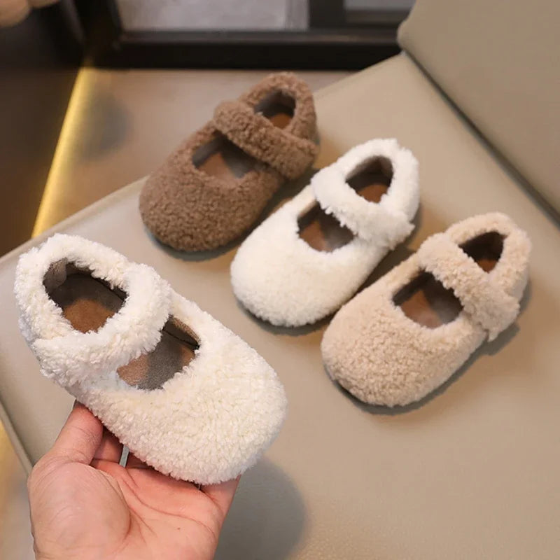 Winter 2024 Children's Flat Shoes - Plush Warm, Non-Slip Casual Shoes with Fur Covered Toes