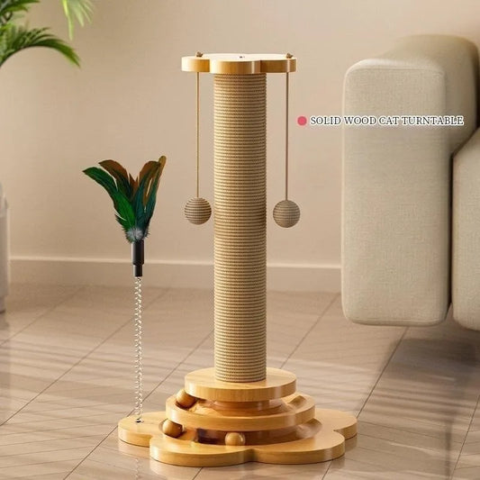 Solid Wood Cat Turntable Toy - Interactive Cat Stick with Balls, Durable Sisal Scratching Board