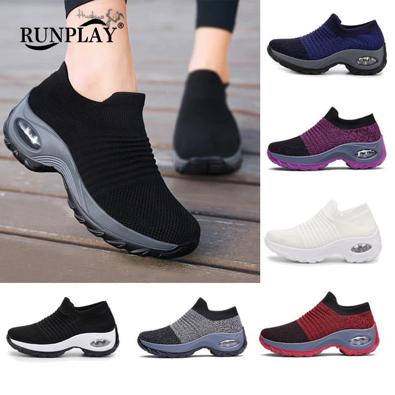 Women Tennis Shoes Breathable Mesh Height-increasing Slip-on Female Sock Footwear Outdoor Women Sneakers Thick Bottom Platforms