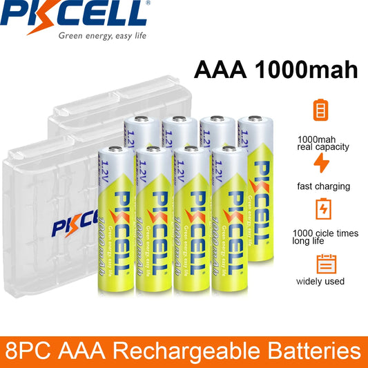 8 PCS PKCELL AAA Battery Pack - 1.2V NiMH AAA Rechargeable Batteries, 1000mAh for Clocks, Toys, Mice, Includes 2PC AAA/AA Battery Holder