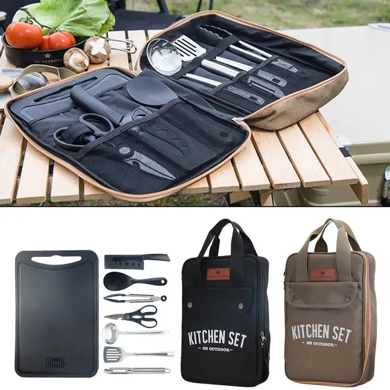 8pcs Camping Kitchen Cookware Set - Portable Outdoor Travel Utensils, Stainless Steel Cooking and Grilling Set for BBQ and Picnic