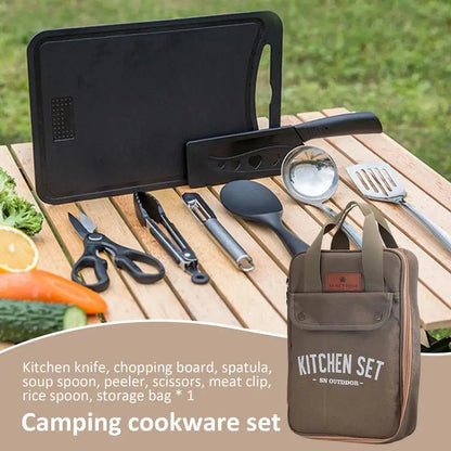 8pcs Camping Kitchen Cookware Set - Portable Outdoor Travel Utensils, Stainless Steel Cooking and Grilling Set for BBQ and Picnic