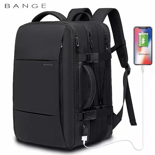 "BANGE Waterproof Expandable Backpack: Business and Travel Bag with USB Port"
