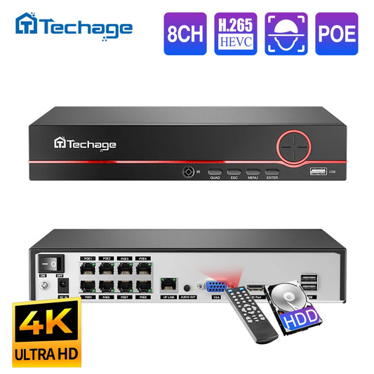 Techage H.265 8CH POE NVR: 4K Ultra HD IP Network Video Recorder with Two-Way Audio and Human Detection