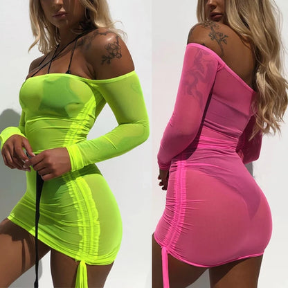"Sizzling Autumn Collection: Sheer Mesh Bodycon Dresses in Vibrant Neon Shades"