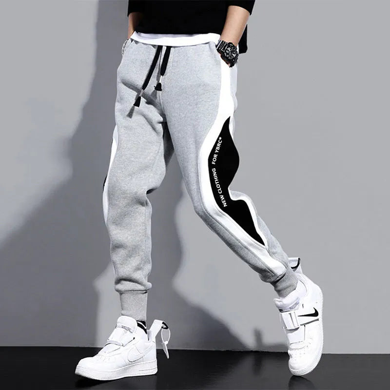 Autumn Men's Wide Loose Casual Pants - Patchwork Nine-Point Sports Trousers with Elastic Rope and Breathable Tie-Foot Design