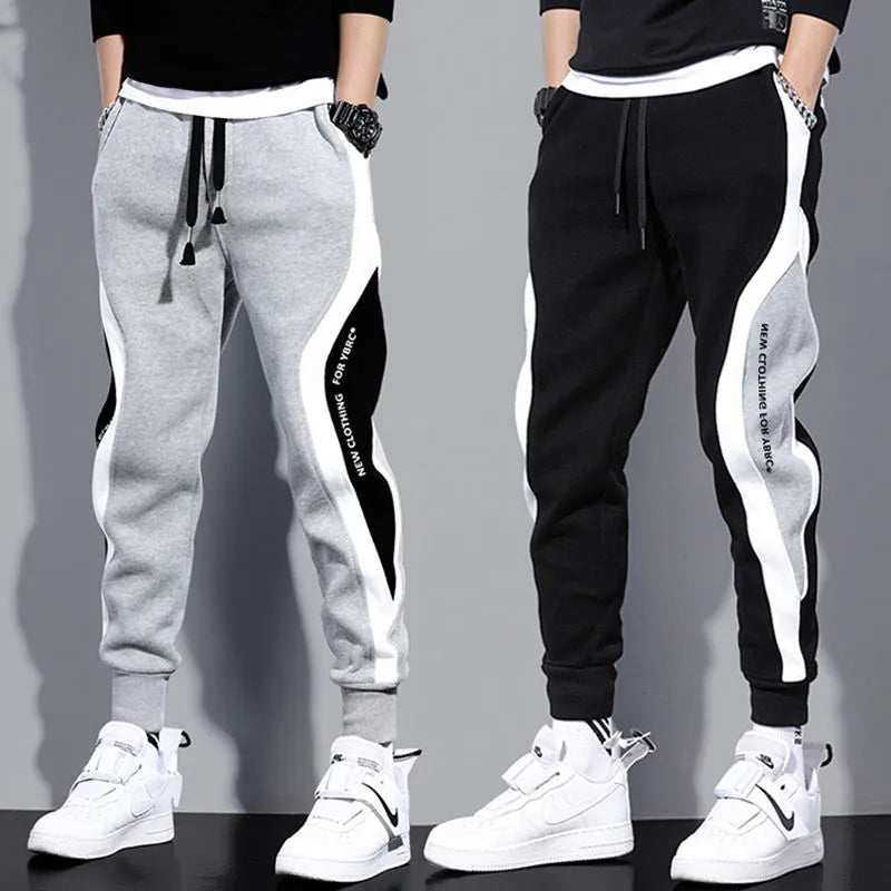 Autumn Men's Wide Loose Casual Pants - Patchwork Nine-Point Sports Trousers with Elastic Rope and Breathable Tie-Foot Design